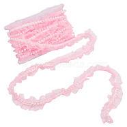 WADORN 1Pc Polyester Pleated Lace Ribbon, Lace Trim with ABS Plastic Imitation Pearl Beads and Thread Bobbins White Cards, Pink, 1-5/8 inch(40mm), about 5.47 Yards(5m)/pc(OCOR-WR0001-30)