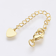 Brass Chain Extender, with Lobster Claw Clasps and Heart Charm, Golden, 70.5x3mm, Hole: 3.5mm, Clasp: 10x7x3mm(KK-O106-48B-G)
