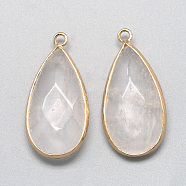 Natural Quartz Crystal Pendants, Rock Crystal, with Golden Tone Brass Findings, Faceted, teardrop, Clear, 32.5~33x16x6mm, Hole: 2.5mm(X-G-S221-13G)