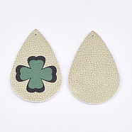PU Leather Big Pendants, teardrop, with Clover Pattern, Irish Charms, Pale Goldenrod, 56x37x1.5mm, Hole: 1.2mm(FIND-S311-007B-C)