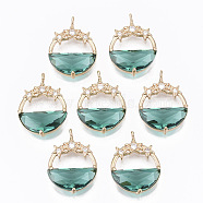 Glass Pendants, with Brass Micro Pave Cubic Zirconia Findings, Faceted, Flat Round with Star, Light Gold, Dark Cyan, 21.5x15.5x5.5mm, Hole: 1.2mm(GLAA-T021-01A)