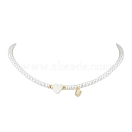 Brass Micro Pave Grade AAA Cubic Zirconia Letter Pendant Necklaces, Heart & Round Baking Painted Pearlized Glass Pearl Beaded Necklaces for Women, Letter U, 15.20 inch(38.6cm)(NJEW-JN04771-21)