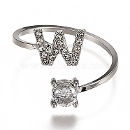 Alloy Cuff Rings, Open Rings, with Crystal Rhinestone, Platinum, Letter.W, US Size 7 1/4(17.5mm)(RJEW-I075-01P-W)