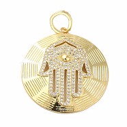 Rack Plating Brass Micro Pave Cubic Zirconia Pendants, Cadmium Free & Lead Free, Long-Lasting Plated, Real 18K Gold Plated, Flat Round with Hamsa Hand, Clear, 39x36x3mm, Hole: 7.5x6.6mm(KK-E281-02G)