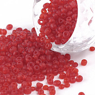 8/0 Glass Seed Beads, Frosted Colors, Round, Round Hole, Red, 8/0, 3mm, Hole: 1mm, about 1111pcs/50g, 50g/bag, 18bags/2pounds(SEED-US0003-3mm-M5)