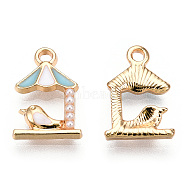 Light Gold Plated Alloy Charms, with Enamel and ABS Plastic Imitation Pearl, Umbrella with Bird, Light Blue, 14.5x10x2.5mm, Hole: 1.6mm(ENAM-T009-44A)