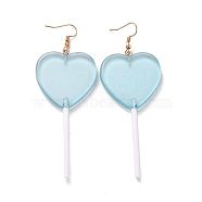 Transparent Heart-shape Lollipop Dangle Earrings for Women, Candy Color Simulation Food Drop Earrings, Golden, Sky Blue, 97~99mm, Pin: 0.5mm(EJEW-Z015-05C)