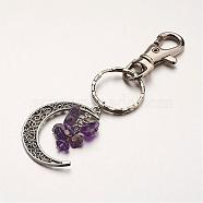 Natural Amethyst Pendant Keychain, with Alloy Pendants, Iron Rings and Alloy Keychain Findings, Moon, 100mm(KEYC-JKC00099-05)