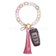 Chain Link Wristlet Keychain, Acrylic Bracelet Tassel Keychain, with Alloy Findings, Pink, 28cm(HJEW-SW00014-06)