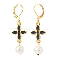 Alloy Enamel Clover with Glass Pearl Long Dangle Leverback Earrings, Gold Plated Brass Jewelry for Women, Black, 49mm, Pin: 0.8mm(EJEW-JE05053-02)