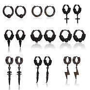 ANATTASOUL 18Pcs 9 Style 304 Stainless Steel Cone & Column Beaded Hoop Earrings, Sword & Cross & Lighning Bolt Drop Earrings for Men Women, Electrophoresis Black, 17~48x2~6mm, Pin: 0.8~1mm, 2Pcs/style(EJEW-AN0003-34)