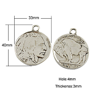 Tibetan Style Alloy Coin Pendants, Flat Round with Indian Head and Buffalo, Cadmium Free & Nickel Free & Lead Free, Antique Silver, 40x33x3mm, Hole: 4mm(TIBEP-GC001-AS-NR)