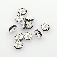 Brass Rhinestone Spacer Beads, Grade A, Black Rhinestone, Silver Color Plated, Nickel Free, Size: about 6mm in diameter, 3mm thick, hole: 1mm(X-RSB028NF-04)