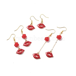 3 Pairs 3 Style Red Alloy Enamel Charms & Rose Beaded Dangle Earrings, Valentine Theme Brass Jewelry for Women, Golden, Lip Pattern, 30~68mm, Pin: 0.5mm(EJEW-JE05031-01)
