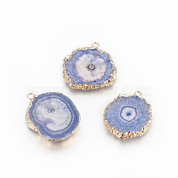 Natural Dyed Quartz Pendants, Solar Quartz, with Golden Plated Edge Brass Findings, Flat Round, Light Steel Blue, 25~42x22~23x4~6mm, Hole: 2.5mm(G-P399-B08)