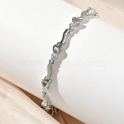 Brass Micro Pave Clear Cubic Zirconia Heart & Twist Link Chain Bracelets for Women, Rack Plating, Long-Lasting Plated, Cadmium Free & Lead Free, Platinum, 7-3/4 inch(19.6cm)(BJEW-G764-06P)