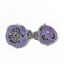 Dyed Natural Druzy Quartz Chandelier Components Links, with Gunmetal Iron Loop, Polymer Clay Rhinestones & Brass Findings, Nuggets, Medium Purple, 50~75x45~70x14mm, Hole: 9mm & 2mm(RB-Q215-007C)