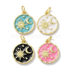 Rack Plated Brass Enamel Pendants, with Jump Ring, Long-Lasting Plated, Lead Free & Cadmium Free, Real 18K Gold Plated, Flat Round with Sun & Moon Charm, Mixed Color, 15x13x2mm, Hole: 3.4mm(KK-Z039-02)