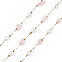 Natural Rose Quartz Nugget & Glass Imitation Pearl Beaded Chain, with Golden 304 Stainless Steel Satellite Chains, Unwelded, with Spool, 5~12x4~8x4~7mm, 6x5mm, 2.5x2mm, about 32.81 Feet(10m)/Roll(CHS-C006-02D)