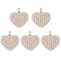 5Pcs Brass & ABS Plastic Imitation Pearl Pendants, Heart, 22.5x24x9.5mm, Hole: 6x3.5mm(KK-SZ0003-15C)