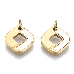 304 Stainless Steel Charms, with Shell and Jump Rings, Rhombus, Real 14K Gold Plated, 9.5x10x1.5mm, Jump Ring: 3.8x0.6mm, 2.6mm inner diameter, Side Length: 8.5mm, Diagonal Length: 9.5mm(STAS-S116-323G)