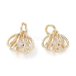 Rack Plating Brass Clear Cubic Zirconia Pendants, Long-Lasting Plated, Cadmium Free & Lead Free, with Jump Rings, Shell Shape, Real 14K Gold Plated, 12.5x12.5x7mm, Hole: 4mm(KK-B078-06G14)