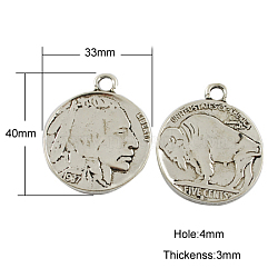 Tibetan Style Alloy Coin Pendants, Flat Round with Indian Head and Buffalo, Cadmium Free & Nickel Free & Lead Free, Antique Silver, 40x33x3mm, Hole: 4mm(TIBEP-GC001-AS-NR)