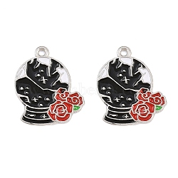 Alloy with Black Enamel Pendants, Gothic Theme Charms, Platinum, Flower, 24.5x20.5x1mm, Hole: 1.6mm(AL-CBA2919-02P-06)