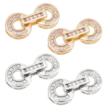 Elite 4 Sets 2 Colors Brass Pave Clear Cubic Zirconia Fold Over Clasps, Flat Round, Mixed Color, 22x10.5x5mm, Hole: 4mm, 2 sets/color