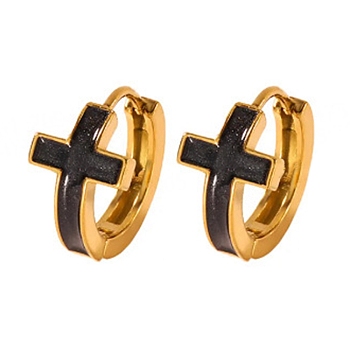 304 Stainless Steel Hoop Earrings, with Enamel, Cross, Golden, 2x8x13mm
