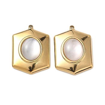 Natural Freshwater Shell Pendants, 304 Stainless Steel Hexagon Charms, Real 18K Gold Plated, Ion Plating(IP), White, 22.5x16x4.5~5mm, Hole: 1.2mm