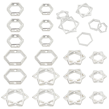 Elite 24Pcs 6 Style Long-Lasting Plated Alloy Bead Frame, for Jewish, Hexagon & Star of David, 925 Sterling Silver Plated, 8.5~16.5x8.5~16.5x2.5~3mm, Hole: 1mm, 4pcs/style