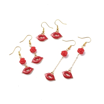 3 Pairs 3 Style Red Alloy Enamel Charms & Rose Beaded Dangle Earrings, Valentine Theme Brass Jewelry for Women, Golden, Lip Pattern, 30~68mm, Pin: 0.5mm