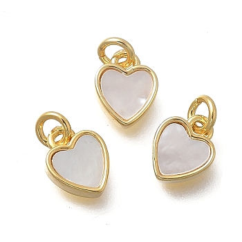 Brass & Natural Shell Heart Charms, with Jump Rings, Cadmium Free & Lead Free, Rack Plating, Long-Lasting Plated, Seashell Color, Real 18K Gold Plated, 8x6x2.3mm, Hole: 2mm