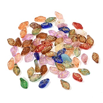 Baking Paint and Golden Metal Enlaced Glass Pendants, Leaf Charms, Mixed Color, 12x6.5x5mm, Hole: 1mm