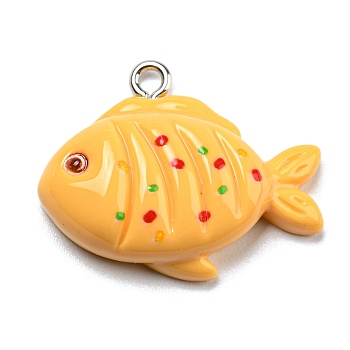 Opaque Resin Imitation Food Pendants, Kebab Fish Charms with Platinum Tone Iron Loops, Yellow, 21x27x7mm, Hole: 2mm