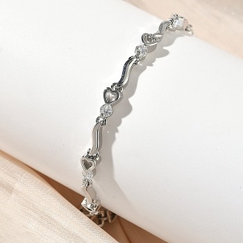 Brass Micro Pave Clear Cubic Zirconia Heart & Twist Link Chain Bracelets for Women, Rack Plating, Long-Lasting Plated, Cadmium Free & Lead Free, Platinum, 7-3/4 inch(19.6cm)