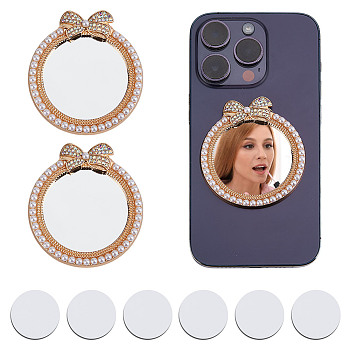 2Pcs Alloy Rhinestones & Glass Makeup Mirror, with 6Pcs Acrylic Double-sided Sticker, Bowknot, 6.3x5.7x0.8cm