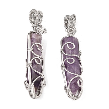 Natural Amethyst Pendants, with Platinum Tone Rack Plating Brass Wire Wrap, Lead Free & Cadmium Free, Cone, 60~65x15.5x14mm, Hole: 4mm