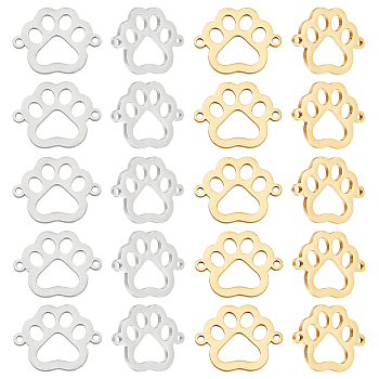 20Pcs 2 Colors 304 Stainless Steel Hollow Connector Charms, Paw Print Links, Golden & Stainless Steel Color, 15x19x1mm, Hole: 1.4mm, 10pcs/colors
