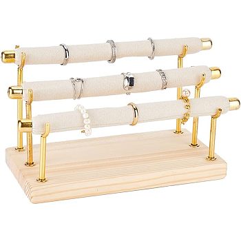 3-Tier Wood Detachable Ring Organizer Holder, Foam Bar Ring Display stands, coverd by Velvet, with Golden Tone Alloy Findings, BurlyWood, finish product: 21x10x11cm, about 10pcs/set