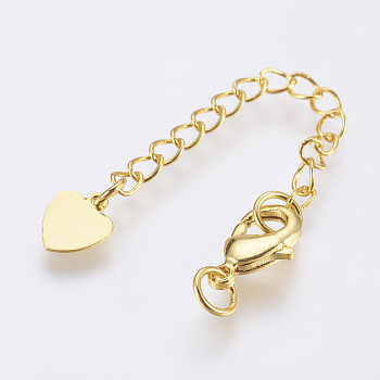 Brass Chain Extender, with Lobster Claw Clasps and Heart Charm, Golden, 70.5x3mm, Hole: 3.5mm, Clasp: 10x7x3mm