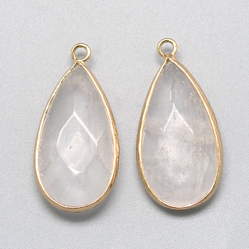 Natural Quartz Crystal Pendants, Rock Crystal, with Golden Tone Brass Findings, Faceted, teardrop, Clear, 32.5~33x16x6mm, Hole: 2.5mm