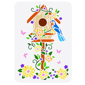 Plastic Drawing Painting Stencils Templates, for Painting on Scrapbook Fabric Tiles Floor Furniture Wood, Rectangle, Bird & Birdcage Pattern, 29.7x21cm