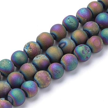 Electroplated Natural Druzy Geode Agate Bead Strands, Matte Style, Round, Multi-color Plated, 10~11mm, Hole: 1mm, about 37~39pcs/strand, 14.9~15.5 inch
