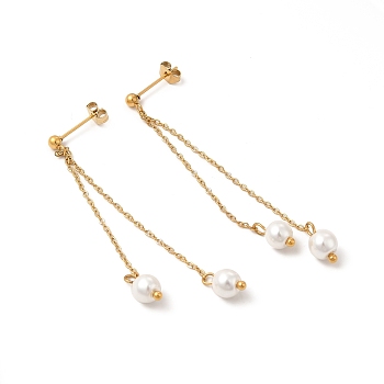 Glass Pearl Tassel Dangle Stud Earrings, Vacuum Plating 304 Stainless Steel Jewelry for Women, Golden, 60~65mm, Pin: 0.7mm