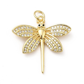 Brass Micro Pave Cubic Zirconia Pendants, with Jump Ring, Long-Lasting Plated, Real 18K Gold Plated, Dragonfly, Clear, 24x23.5x2mm