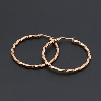 Titanium Steel Hoop Earrings, Twisted Ring Shape, Rose Gold, 12 Gauge, 50x2mm