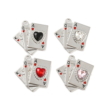 Alloy with Enamel Pendants, Playing Card Charms, with Mixed Color Glass, Platinum, 24x25x4mm, Hole: 2mm
