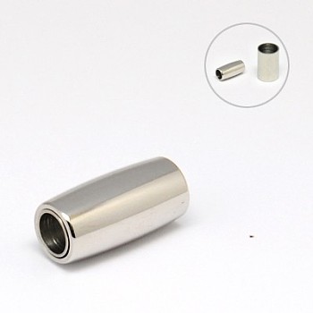 304 Stainless Steel Magnetic Clasps with Glue-in Ends, Barrel, Stainless Steel Color, 18x8.8mm, Hole: 5mm